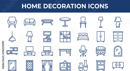 Set of modern line art icons for home improvement and interior design furniture and home decoration elements
