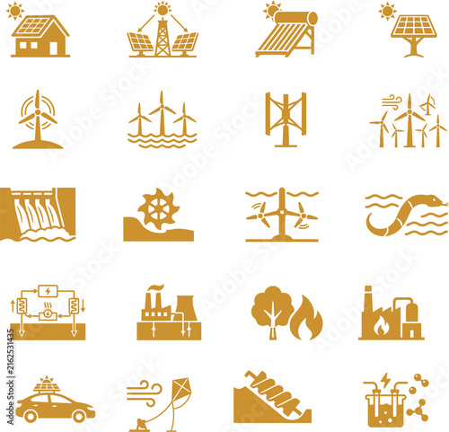 Canvastavla Renewable Green Energy and Solar Power Icons Set, Flat Vector Illustration Isola