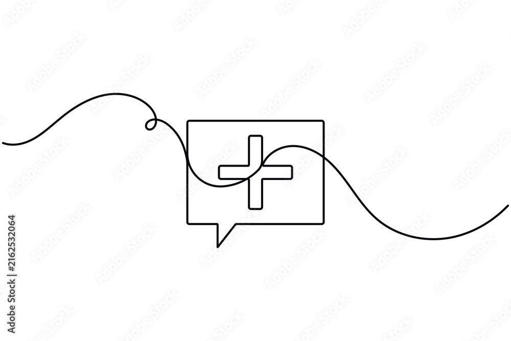 Obraz premium Medical cross inside a chat speech bubble icon sign continuous one line drawing on white background minimalist professional health care and communication symbol editable outline vector illustration