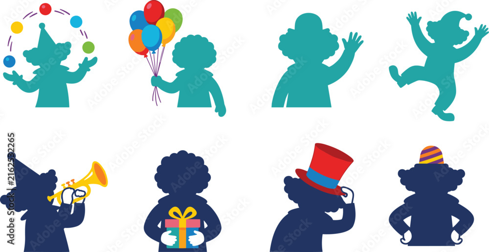Obraz premium Colorful clown silhouette vector set with party, celebration, and entertainment activities in flat design