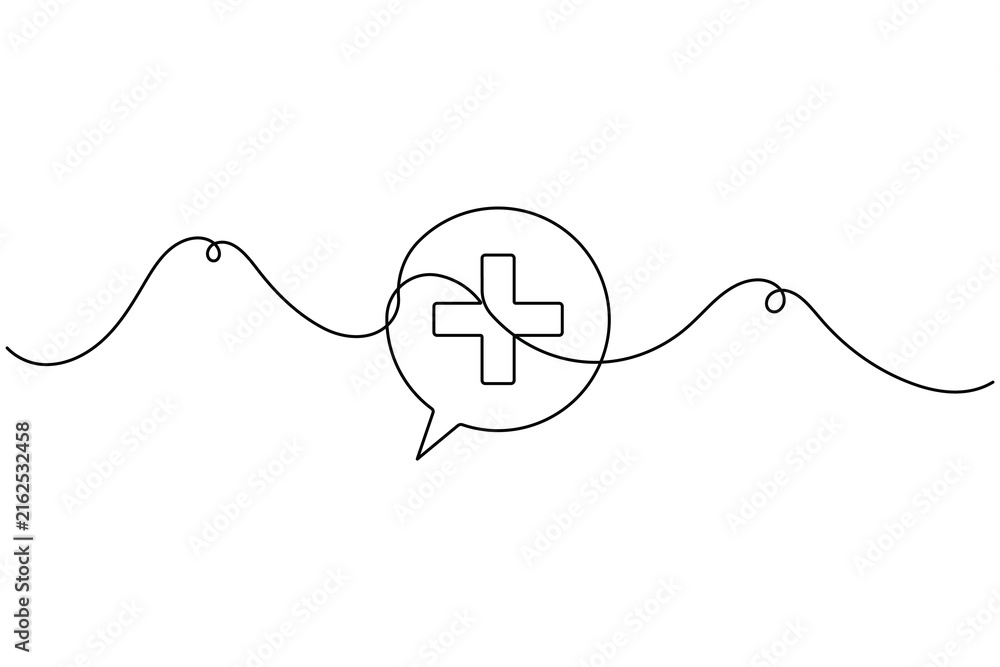 Obraz premium Medical cross inside a chat speech bubble icon sign continuous one line drawing on white background minimalist professional health care and communication symbol editable outline vector illustration