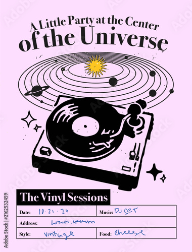 Vinyl party music poster template with DJ set layout. Hand drawn retro turntable record player vector illustration for party flyer, music festival, and event announcement