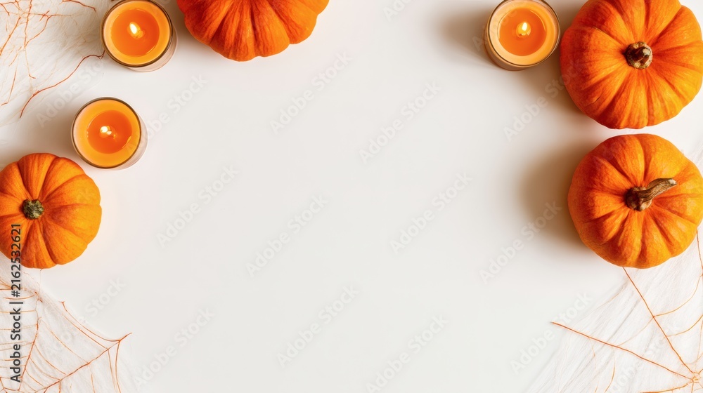 Fototapeta premium Small pumpkins and lit candles on white background with copy space, autumn Thanksgiving or Halloween flat lay border decoration
