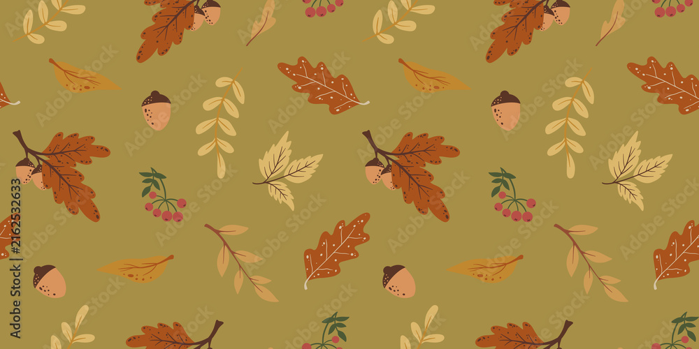 Obraz premium seamless pattern with autumn leaves and viburnum hand drawn