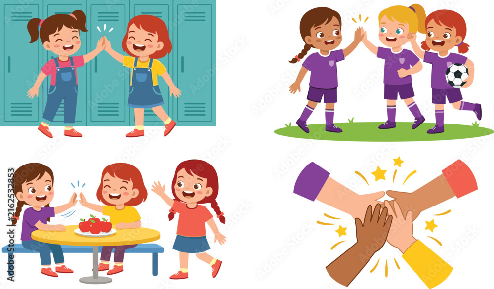 Fototapeta premium Cute Children Character Set Giving High Five Celebrating School Friendship, Sports Teamwork, Unity Hands Stack, and Sharing Lunch Flat Vector Illustration