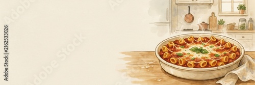 A national dish of Italian cuisine. 
Pasta al forno is a homemade casserole made with pasta soaked in tomato sauce and baked under a golden crust of melted cheese. A banner with space for text. 