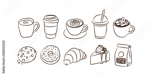Coffee shop drinks, bakery pastries, and café snacks doodle element collection set Vector Illustration