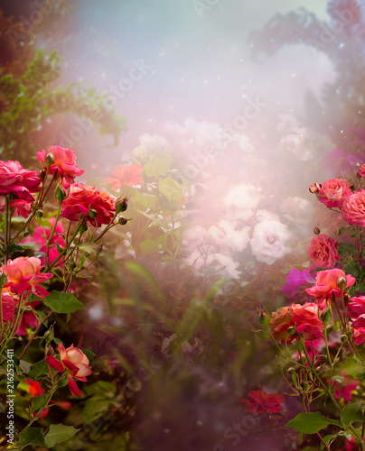 Whimsical fantasy vertical background with blooming rose flowers in fairy tale magical garden, fairytale glade wallpaper, amazing magic tranquil misty landscape template, whimsy scene with copy space.