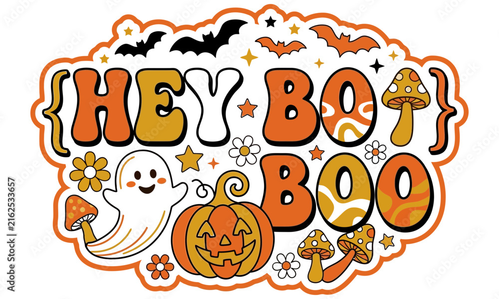 Fototapeta premium Retro Groovy Halloween Sticker Design Featuring Cute Ghost Pumpkin And Mushroom Graphics