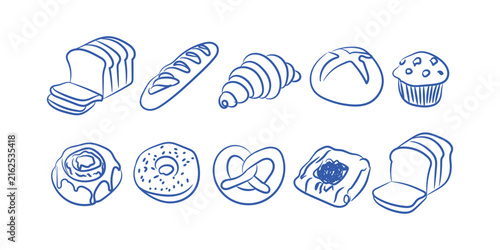 Fresh bakery bread, sweet pastries, and baked goods doodle element collection set Vector Illustration
