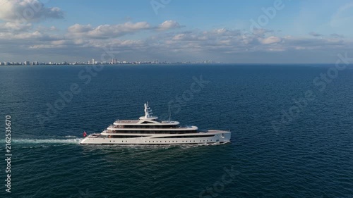 Aerial view motorboat. Luxury lifestyle. Vacation on summer. Yacht at sea. Motorboat aerial top view. Luxury boat motor yacht at sea. Yachting boat tourism. Motorboat gliding through the sea