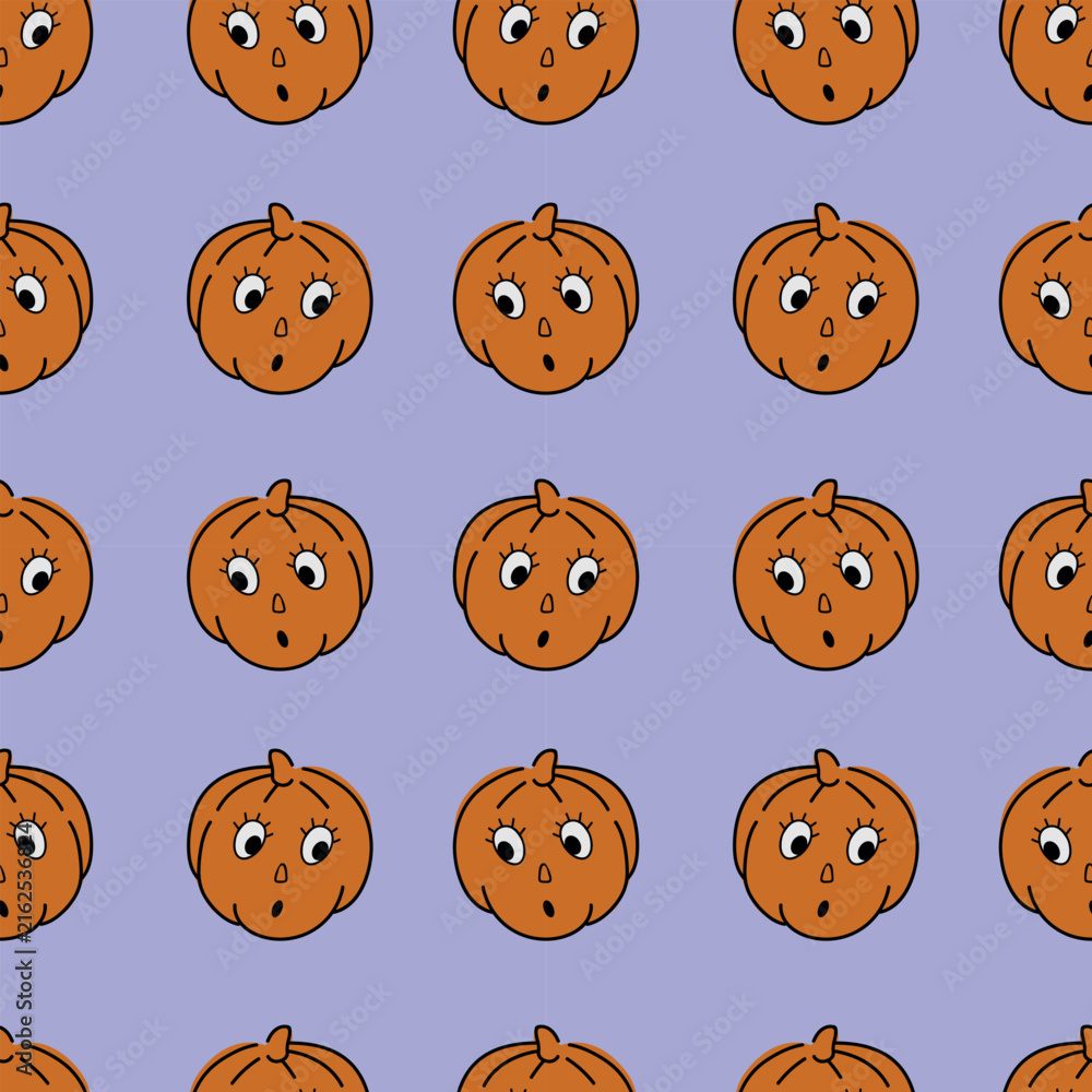 Fototapeta premium Seamless Halloween pumpkin pattern. Surprised pumpkin on a bright lilac background. Perfect for packaging, backgrounds, wrapping paper, and fabric.