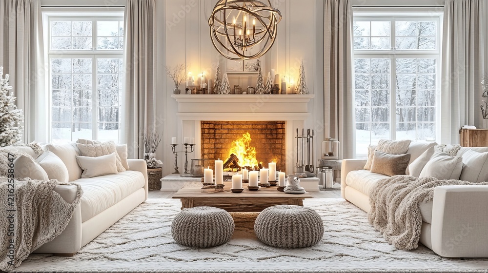 Fototapeta premium Cozy Scandinavian Living Room with Glowing Fireplace and Winter Forest View Through Large Windows