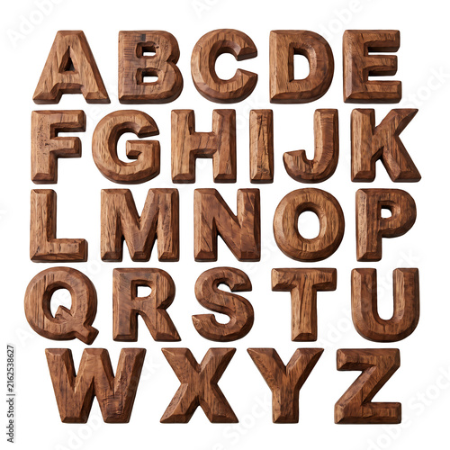 Complete English alphabet set carved from dark textured wood isolated on white background