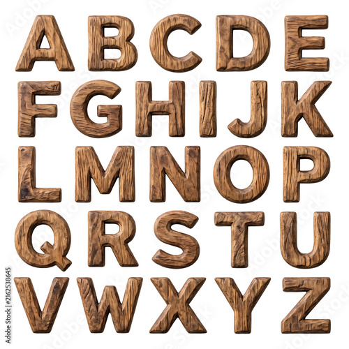 Set of capital alphabet letters crafted from textured rustic wood isolated on white background for design projects