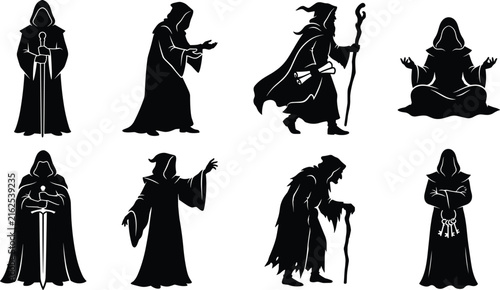 Set of black hooded wizard and monk silhouettes featuring spell casting sword holding wooden staff and key keeper figures