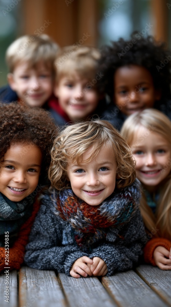 Obraz premium A group of diverse smiling children in winter clothing leaning on a wooden table with a blurred background.