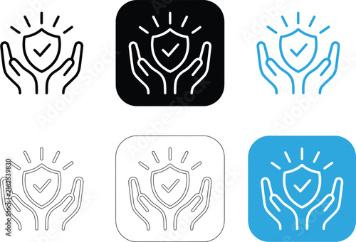 Hand protection icon. Hands holding shield with a checkmark symbol. Simple pictogram for insurance, safety, security guarantee, trust service and healthcare protection design.