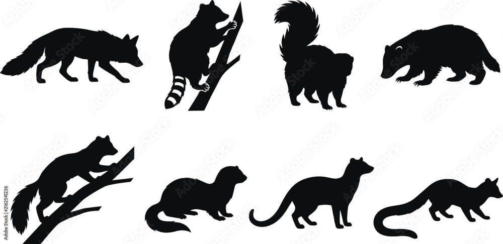 Obraz premium Wild Forest Animals Silhouette Collection Featuring Fox Raccoon Skunk Badger Pine Marten Otter Weasel and Civet