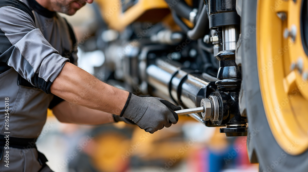 Obraz premium Professional mechanic repairing heavy equipment in a workshop, protective gloves and work uniform, skilled labor, machinery maintenance, blue collar worker, Labor Day, industrial