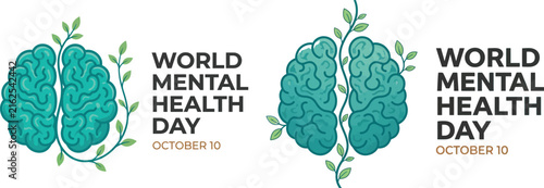Conceptual illustration of a human brain with growing plants for world mental health day awareness campaign