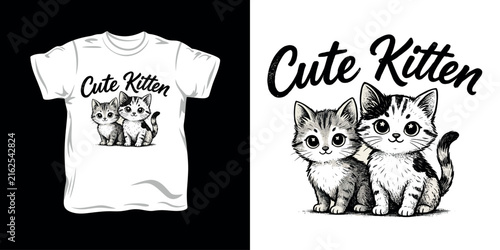 Bild auf Leinwand Cute kitten t-shirt design featuring two adorable kittens with big eyes, perfect for pet lovers and those who adore charming animal illustrations