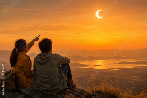 Back view of a young couple sitting on a mountain peak and pointing at a partial solar eclipse over a scenic lake valley at sunset
