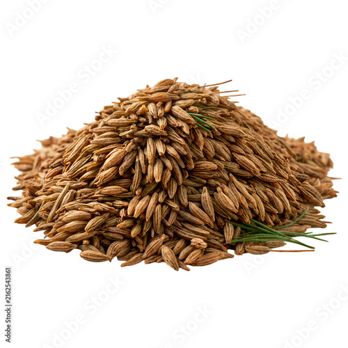 Cumin seeds pile on white background, organic caraway spice heap for cooking, dried aromatic cumin grains for culinary seasoning