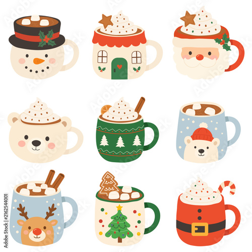 Set of cute Christmas mugs with snowman, Santa Claus, polar bear, reindeer, and tree shapes isolated on white background. Holiday drinkware vector for party invitations and menu design.