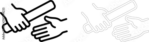 Black and white icon of a hand passing a relay baton to another hand for a team race