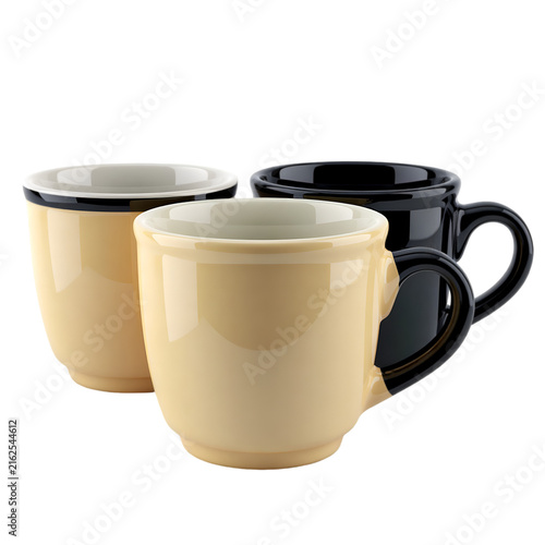 Ceramic coffee mugs in beige and black, set of three porcelain tea cups, minimalist kitchenware illustration for cafe branding