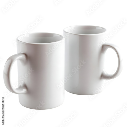 White ceramic coffee mug mockup set. Two blank porcelain cups for branding. Minimalist kitchenware illustration for merchandise design.