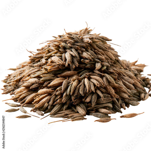 Cumin seeds pile on white background, aromatic dried caraway spice illustration, organic cumin herbal seasoning for culinary cooking