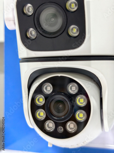 Close-up of modern dual lens CCTV security camera