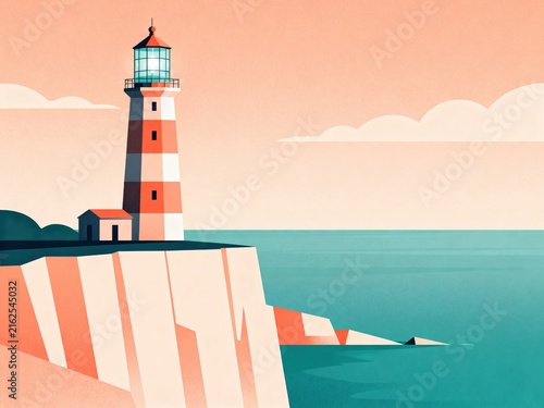 Pastel Lighthouse on Coastal Cliff at Sunset Over Calm Sea With Minimalist Retro Illustration

