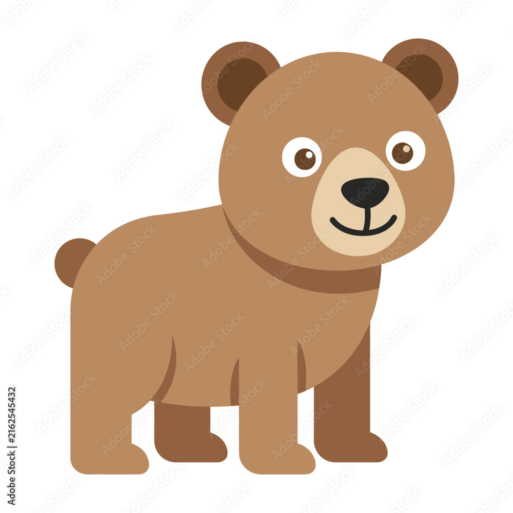 Fototapeta premium Brown bear cartoon character smiling standing on white background facing right