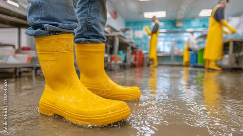 Close up of yellow rubber boots on a wet floor with workers in yellow aprons in the background.