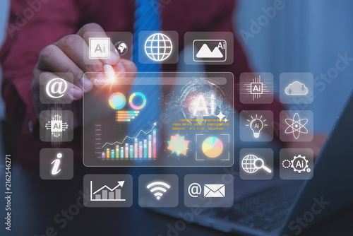 A person uses a glowing digital stylus to type inside an AI prompt interface box. Multiple software application icons like globes, clouds, and emails surround the workspace screen.