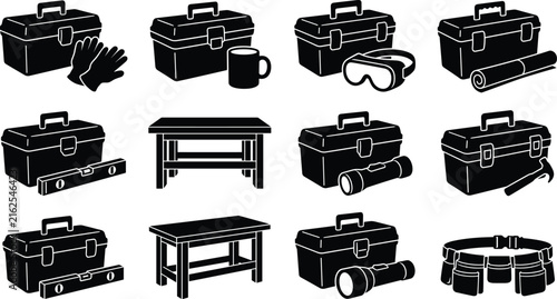 Toolbox Icon Set With Work Gloves, Goggles, Level, Flashlight, Workbench And Tool Belt Silhouettes
