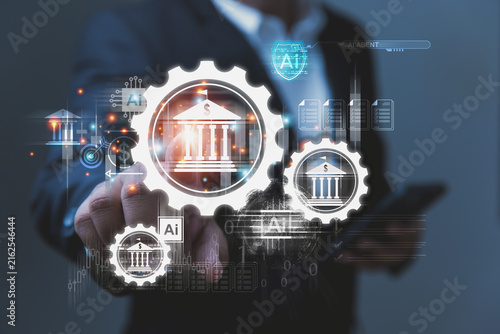 A businessman interacts with a futuristic interface featuring digital banking gears, glowing AI text labels, and agent banners that emphasize modern tech integration.