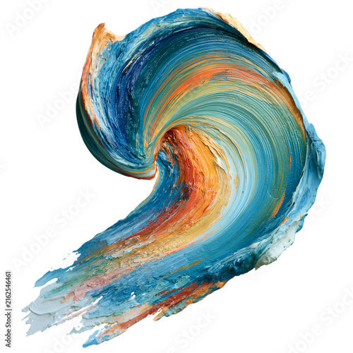 Textured curved oil paint stroke with blue and orange colors isolated on white background