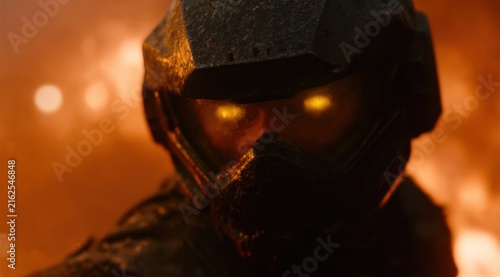 Futuristic Emergency Responder in Protective Mask Surrounded by Intense Fire