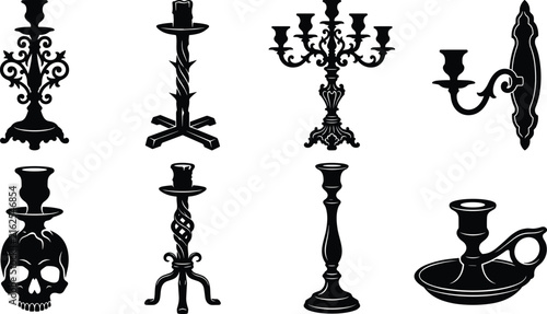 Vintage Candle Holder Silhouette Collection with Gothic Candelabra Wall Sconce and Decorative Candlestick Set