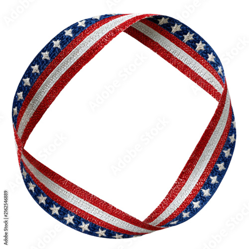 Patriotic American flag ribbon circle, red white and blue stars and stripes border, decorative glitter texture frame for Fourth of July