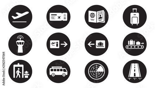 Airport and Travel Icons Set on Black Circles Keywords: airplane, takeoff, boarding pass, passport, visa, luggage, suitcase, airport control tower