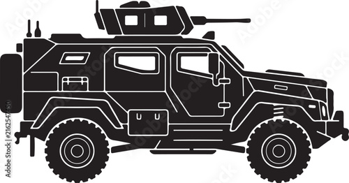 Black silhouette of an armored military vehicle with a turret and gun on a white background Keywords: armored vehicle, military, truck, transport