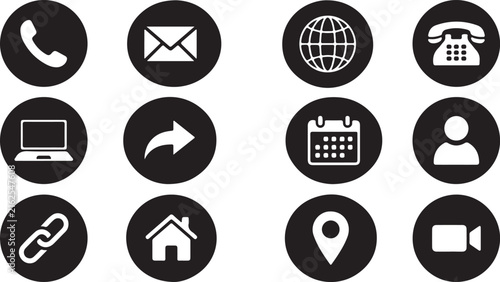 Communication and Contact Icons Set on Black Circles phone call
