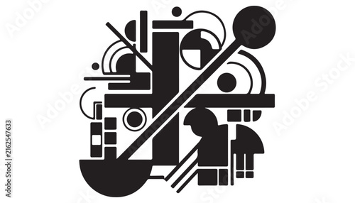 Complex Abstract Geometric Composition in Black and White Keywords: abstract art, geometric composition, modern art, graphic design, black and