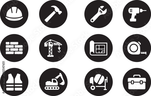 Construction and Building Tools Icons Set With Hard Hat Hammer Wrench Drill and Crane Keywords: hard hat, hammer, wrench, drill, crane, brick wall