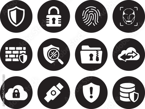 Cybersecurity and Data Protection Icons Set Keywords: cybersecurity, security, protection, data, privacy, shield, lock, padlock, fingerprint, face